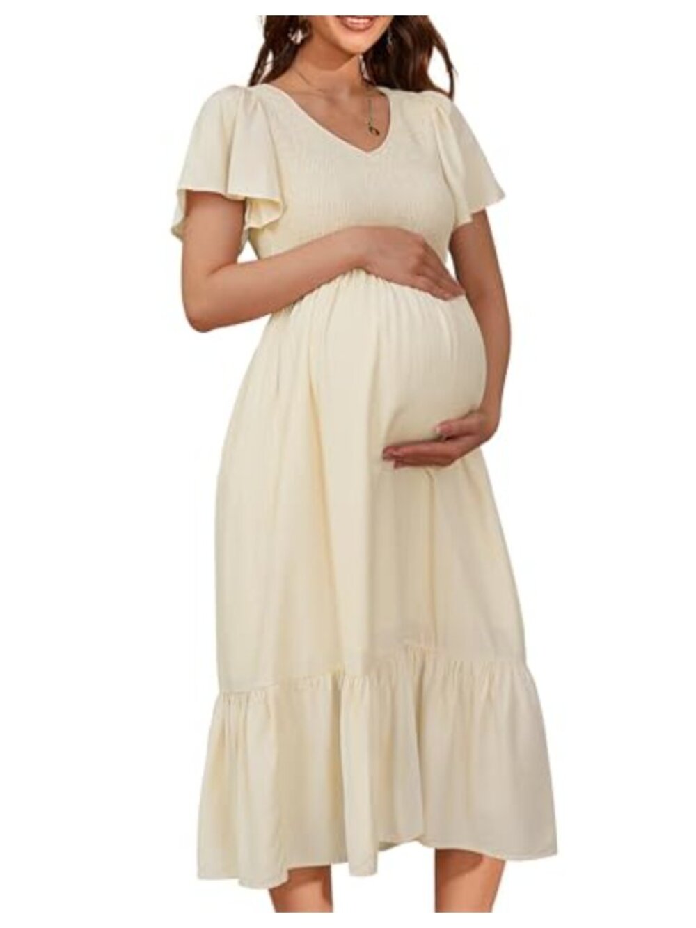 Women Midi Boho Smocked A-Line Dress V-Neck Short Sleeve Flowy Maternity Casual
